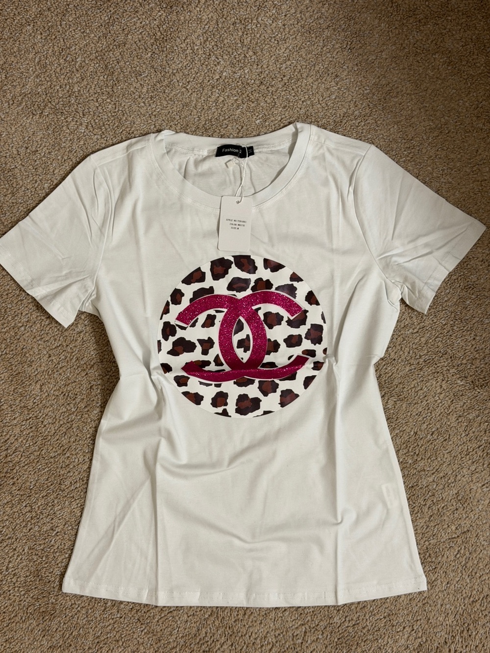 White Short-Sleeve Tee with Pink Logo and Leopard Disc